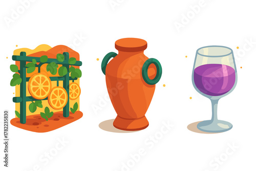 Stylized set of objects including a garden trellis with citrus slices, an ancient terracotta amphora, and a glass of purple wine