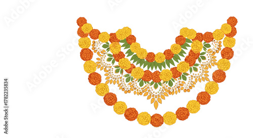 Vibrant Marigold Garland Mandala Decoration for Traditional Indian Festivals like Dussehra, Diwali, Deepavali, Durga Puja, Celebrations, Weddings, and Floral Arrangements on a Clean White Background