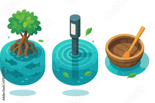 Isometric of mangrove tree, water quality sensor, and wooden boat for ecology