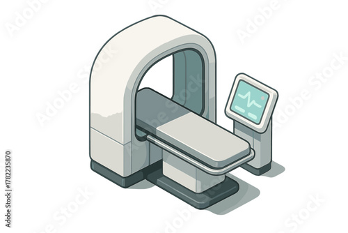 Modern medical imaging scanner machine with monitor displaying vital signs on white background