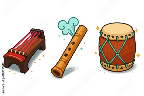 Traditional Asian musical instruments icons including stringed zither, wooden flute, and barrel drum