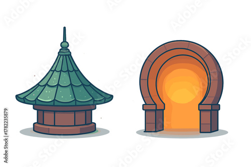 Stylized fantasy game assets: green tiled roof structure and glowing arched portal entrance