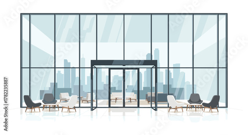 Inviting modern office lobby features comfortable seating and a panoramic city skyline view through expansive windows