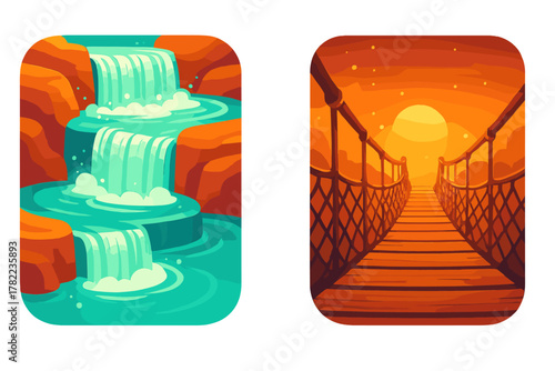 Cascading tiered waterfall surrounded by orange cliffs and a dramatic sunset suspension bridge