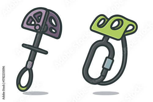 Purple camming device and green belay device with carabiner used for rock climbing