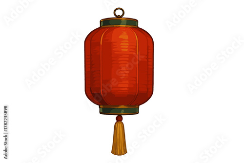 Traditional red Chinese lantern with gold tassel and decorative trim isolated on white