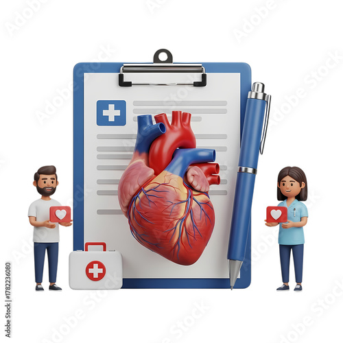 Detailed 3D human heart model and stethoscope, cardiology and cardiovascular health concept, anatomical diagnosis and checkup graphic, internal organ visualization, isolated on white.