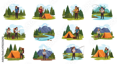 Adventurous hikers explore stunning mountain landscapes, camp, and fish, embodying outdoor exploration and freedom