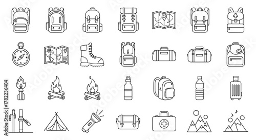 A comprehensive collection of line icons representing essential gear for tracking, hiking, and outdoor adventures, including backpacks, maps, compasses, boots, tents, flashlights, and first-aid kits