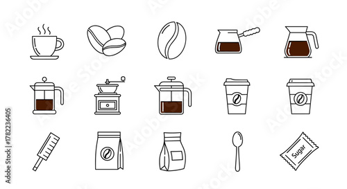 A collection of minimalistic linear icons representing various coffee-related items, including a steaming cup, coffee beans, a French press, a coffee grinder, a cezve, a pour-over carafe, disposable