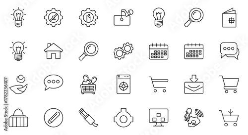 A comprehensive collection of simple, isolated line icons suitable for web, books, cards, and apps, featuring editable strokes and a clean white background for versatile graphic design applications.