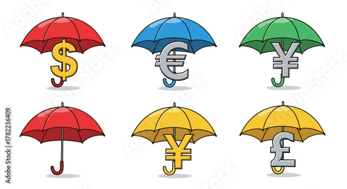 A vibrant and conceptual illustration featuring various global currency symbols, including the US Dollar, Euro, Japanese Yen, and British Pound Sterling, each protected by a colorful umbrella against