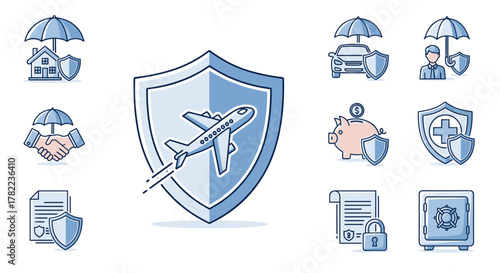 Collection of outline icons representing protection and insurance, featuring a shield with an airplane, a house under an umbrella, a handshake, a car, a piggy bank, a person, a medical cross, a