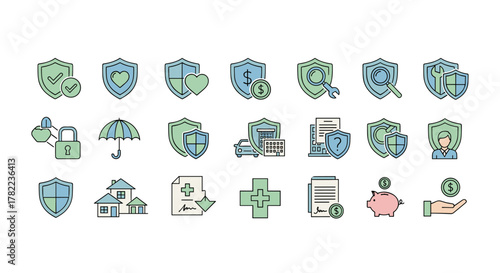 Collection of modern outline style icons representing various aspects of insurance and protection, including shields, locks, umbrellas, houses, cars, medical symbols, piggy banks, and hand gestures