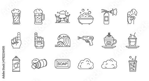 A diverse collection of line art icons representing various concepts, including frothy beer mugs, celebratory figures, a bathtub filled with bubbles, a fire extinguisher in action, a hand holding a