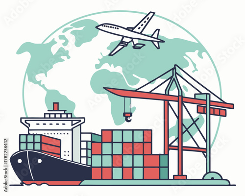 Cargo ship with containers and airplane