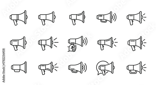 Collection of megaphone icons in a clean, modern line art style, representing announcements, alerts, and public speaking. Includes various designs like handheld, sound waves, and speech bubbles