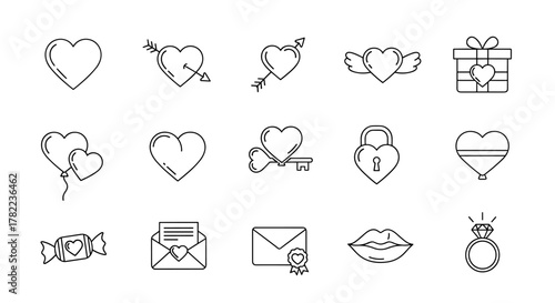 Collection of Valentine's Day icons in a clean, ordered line art style on a white background, featuring hearts, a gift box, balloons, a candy, an envelope, lips, a ring, a lock, and a key, perfect