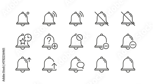 Collection of 15 outline notification bell icons, representing various alerts, settings, and statuses like sound on/off, mute, add, remove, star, question, chat, and updates, presented on a clean