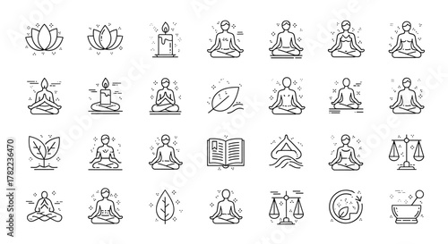 Mindfulness line icon set, featuring lotus flowers, meditating figures in various poses, burning candles, leaves, an open book, scales of justice, and a mortar and pestle, representing peace