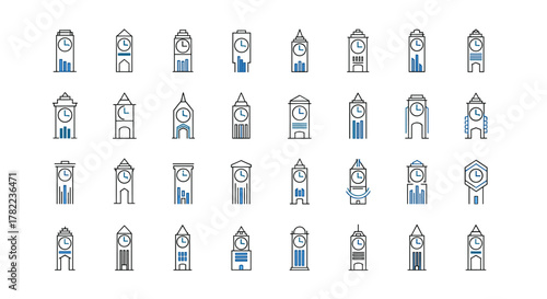 Collection of unique clock tower designs showcasing minimalist time display in blue, presented as an ordered line icon set on a clean white background, representing iconic architecture and the