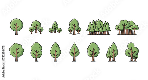 Set of stylized, flat design trees in various shapes and sizes, isolated on a white background. Includes deciduous and coniferous trees, single trees, and small groves, perfect for web, books, cards