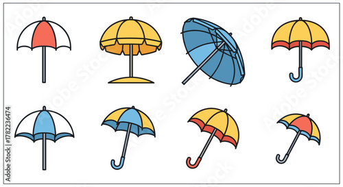 Collection of eight colorful flat design icons representing parasols, sunshades, and umbrellas, perfect for UI elements, placards, books, and apps, featuring editable strokes and ideal for web