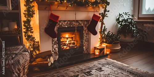 Christmas fireplace with stockings, Cozy holiday living room, Warm festive interior