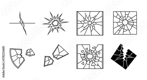 Collection of broken glass icons and elements, featuring cracks, shattered effects, and fractured pieces, presented in a clean outline line art style suitable for graphic design, web applications