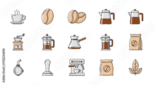 A collection of flat design coffee icons for web, books, cards, and apps, featuring a steaming cup, coffee beans, grinders, French presses, cezves, espresso machines, coffee bags, and a coffee leaf