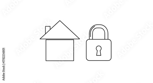 Simple line art illustration of a house icon next to a padlock icon, representing security, safety, and protection for homes and properties. This clean vector graphic is ideal for apps, websites, and
