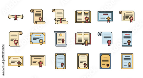 Collection of Flat Design Icons Representing Diplomas, Certificates, and Awards, Featuring Scrolls, Open Books, and Official Seals with Ribbons, Ideal for Educational and Business Contexts, Vector