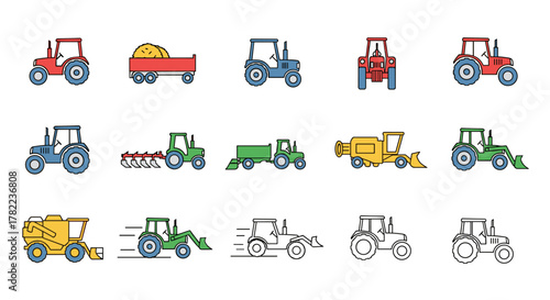 Collection of vibrant, colorful, and minimalistic linear tractor icons, perfect for web and graphic design, apps, banners, social networks, and cards. This vector cartoon set includes various