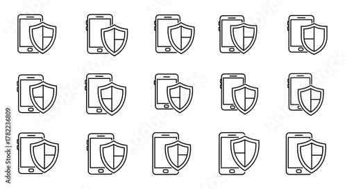 Mobile phone protection icon, shield symbol overlaying a smartphone outline, representing digital security, data privacy, and app safety. Clean vector illustration for web design, graphic elements