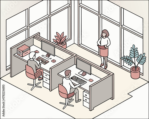 Isometric office space with employees working at their desks