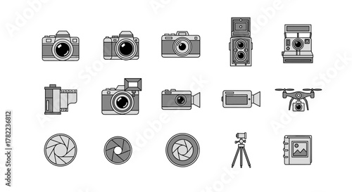 A diverse collection of flat design camera icons, including vintage and modern cameras, a film roll, camera lenses, a drone, a video camera, a tripod, and a photo album, presented on a clean white