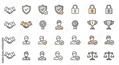 Collection of trustworthiness icons in a line art style, featuring handshakes, shields with checkmarks, locked padlocks, award ribbons, user profiles with checkmarks, trophies, and scales of justice