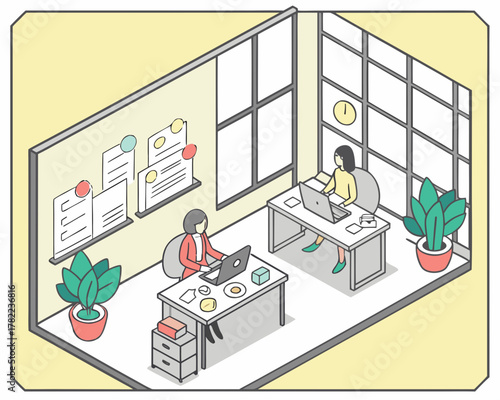 Isometric office space with desks, computers, people, and plants