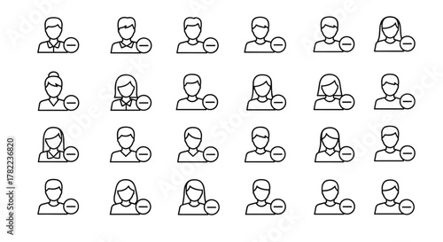A collection of outline icons representing users with a minus symbol, signifying removal or deletion, suitable for graphic design, web development, app interfaces, advertisements, and various card