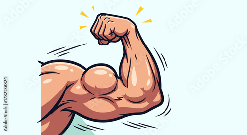 Dynamic cartoon illustration of a muscular arm flexing, showcasing a powerful bicep and tricep, symbolizing strength, health, and fitness. This vibrant graphic is perfect for representing concepts of