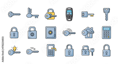 Set of modern flat design icons representing keys, locks, and security systems, including a car key fob, a safe, a house key, and various padlock types, all on a clean white background, perfect for