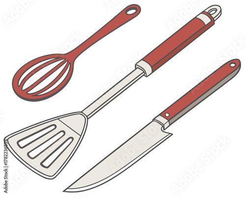 Kitchen utensils, including whisk, spatula, and knife