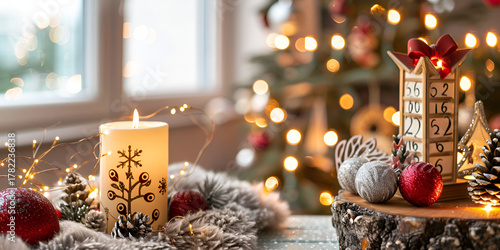 Cozy Christmas candle decor, Festive holiday still life, Warm Christmas scene with lights