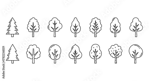 Collection of stylized linear tree icons, featuring diverse shapes from coniferous to deciduous, presented on a clean white background, ideal for graphic design, web elements, and educational