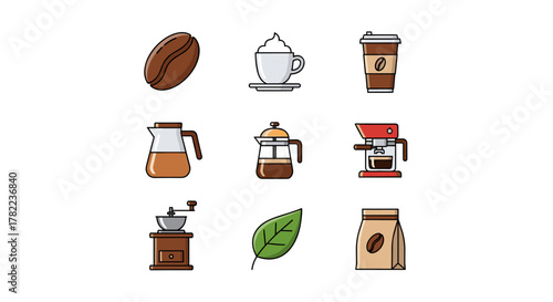 A collection of nine simple, flat-design icons related to coffee, presented on a clean white background. The set includes a coffee bean, a cup of coffee with whipped cream, a takeaway coffee cup, a