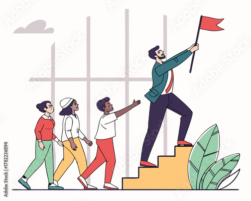 Leader with flag leading team up stairs to success