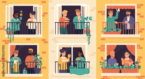 Diverse neighbors connect and share joy from balconies, fostering community spirit and togetherness in urban living