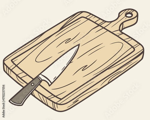 Wooden cutting board with a knife for cooking food preparation vector illustration