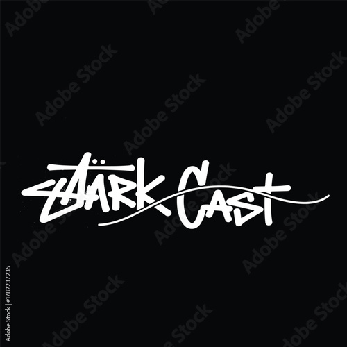 Handwritten white graffiti style text stark cast on a black background artistic lettering vector illustration