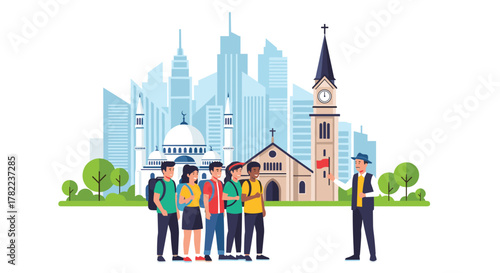 Diverse group of tourists exploring city landmarks with enthusiastic guide leading the way